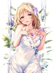 Rule 34 | 1girl, bare shoulders, blonde hair, blush, braid, breasts, cleavage, collarbone, commentary, covered navel, cowboy shot, dress, earrings, english commentary, flower, frilled dress, frills, hair flower, hair intakes, hair ornament, hands on own chest, hands up, highres, icicle, jewelry, large breasts, looking at viewer, love live!, love live! sunshine!!, medium hair, moyui (myi 005), nail polish, necklace, ohara mari, open mouth, pearl necklace, pink nails, plant, purple rope, rope, rose, simple background, sleeveless, sleeveless dress, smile, solo, tongue, veil, white background, white dress, white flower, white rose, yellow eyes