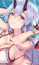 Rule 34 | 1girl, arms up, bikini, bracelet, breasts, cleavage, eyeliner, fate/grand order, fate (series), from above, haoni, headband, horns, jewelry, large breasts, long hair, looking up, makeup, necklace, outdoors, red eyes, silver hair, smile, solo, swimsuit, tomoe gozen (fate), tying headband, very long hair, water, white bikini
