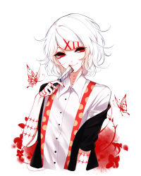 Rule 34 | 10s, 1boy, absurdres, blood, blood stain, cardigan, closed mouth, dress shirt, hair ornament, hairclip, highres, holding, holding knife, knife, looking at viewer, male focus, off shoulder, open cardigan, open clothes, red eyes, sheya, shirt, short hair, smile, solo, stitches, suzuya juuzou, tokyo ghoul, upper body, white hair, white shirt
