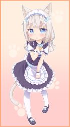 Rule 34 | 1girl, absurdres, aged down, animal ear fluff, animal ears, apron, bell, black dress, black footwear, blue eyes, blunt bangs, blush, brown hair, cat ears, cat girl, cat tail, child, clenched hands, dress, highres, jingle bell, keven (ewdx3754), long hair, low twintails, maid headdress, mary janes, nekopara, open mouth, pantyhose, ribbon, shoes, short sleeves, solo, tail, twintails, vanilla (nekopara), waist apron, waitress, white apron, white pantyhose
