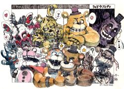 ? anger_vein artist_name black_bow black_bowtie bow bowtie bracelet claws commentary_request conabemin fangs five_nights_at_freddy&#039;s five_nights_at_freddy&#039;s:_security_breach five_nights_at_freddy&#039;s:_sister_location five_nights_at_freddy&#039;s_2 five_nights_at_freddy&#039;s_3 fredbear_(fnaf) freddy_fazbear freddy_fazbear&#039;s_pizzeria_simulator funtime_freddy glamrock_freddy hat heart ignited_freddy jewelry looking_at_another musical_note nightmare_mangle one_eye_closed partially_translated red_bow red_bowtie robot scan shadow_freddy signature smile speech_bubble spiked_bracelet spikes spoken_anger_vein spoken_heart spoken_musical_note spoken_question_mark spoken_star spoken_symbol springtrap star_(symbol) surprised sweatdrop the_joy_of_creation_(fnaf) thumbs_up tjoc:r top_hat traditional_media translation_request twitter_username wide-eyed wire