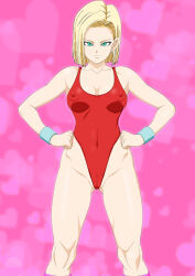 Rule 34 | 1girl, android 18, armpits, blonde hair, bob cut, breasts, cameltoe, cleavage, cleft of venus, covered erect nipples, covered navel, dragon ball, dragonball z, feet out of frame, female focus, green eyes, hands on own hips, highres, large breasts, legs, legs apart, leotard, lime (purple haze), looking at viewer, medium hair, pussy, red leotard, revealing clothes, simple background, smile, solo, standing, thighs