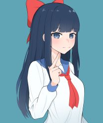 Rule 34 | 1girl, :3, atamonica, blue background, blue eyes, blue hair, blunt bangs, bow, commentary, english commentary, hair bow, hand up, highres, hime cut, long hair, long sleeves, looking at viewer, middle finger, neckerchief, pipimi, poptepipic, red neckerchief, sailor collar, school uniform, serafuku, sidelocks, simple background, solo, upper body, wrist cuffs