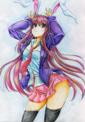 Rule 34 | 1girl, :3, animal ears, arms up, bad id, bad pixiv id, black thighhighs, blazer, colored pencil (medium), female focus, highres, jacket, kitazinger, long hair, looking at viewer, necktie, open clothes, open jacket, pink hair, rabbit ears, rabbit girl, rabbit tail, red eyes, red necktie, reisen udongein inaba, shirt, skirt, smile, solo, tail, thighhighs, touhou, traditional media, zettai ryouiki