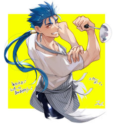 Rule 34 | 1boy, apron, biceps, blue hair, closed mouth, cu chulainn (fate), cu chulainn (fate/stay night), earrings, emiya-san chi no kyou no gohan, fang, fate/stay night, fate (series), flexing, floating hair, grin, holding, holding ladle, jewelry, ladle, long hair, looking at viewer, makina (nikki m7 ), male focus, muscular, muscular male, one eye closed, ponytail, red eyes, shirt, short sleeves, smile, solo, spiked hair, t-shirt