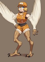 Rule 34 | 1girl, absurdres, animal hands, bird legs, blonde hair, blue eyes, brown background, claws, commentary request, covered navel, cropped vest, feathers, hand on own hip, harpy, highres, letter print, medium hair, midriff, monster girl, open mouth, orange headwear, orange shorts, orange vest, original, shorts, solo, supernuddles, talons, teeth, upper teeth only, vest, white feathers, white wings, winged arms, wings