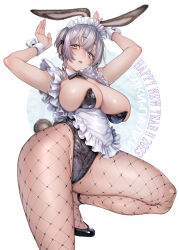Rule 34 | 1girl, absurdres, animal ears, apron, black footwear, braid, breasts, cleavage, detached collar, fishnet pantyhose, fishnets, frills, grey hair, highres, large breasts, leotard, looking at viewer, maid apron, maid headdress, open mouth, original, pantyhose, plaid, playboy bunny, purple eyes, rabbit ears, rabbit pose, rabbit tail, rororogi mogera, solo, tail, wrist cuffs