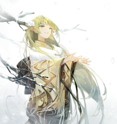 Rule 34 | 1boy, enkidu (fate), eyebrows hidden by hair, fate/grand order, fate (series), flower, green eyes, green hair, japanese clothes, kimono, long hair, looking to the side, noname1995, reaching, reaching towards viewer, smile, snow, snowing, solo, tree