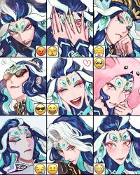 Rule 34 | 1boy, angry, animal hat, ao (en6gtl), closed eyes, closed mouth, emoji, expression chart, eyelashes, eyeliner, eyeshadow, fate/grand order, fate (series), fingernails, forehead jewel, frown, happy, hat, highres, laughing, long hair, makeup, male focus, multicolored hair, open mouth, peeking through fingers, pink hat, red eyeliner, red eyes, sharp fingernails, shi huang di (fate), sleeping, solo, sunglasses, teeth, tinted eyewear