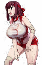 Rule 34 | 10s, 1girl, 774 (nanashi), bad id, bad pixiv id, bare shoulders, breasts, girls und panzer, highres, huge breasts, kondou taeko, long hair, red hair, see-through, simple background, solo, sportswear, sweat, very sweaty, volleyball uniform, white background