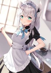Rule 34 | 1girl, :q, ahoge, animal ears, apron, aqua eyes, black dress, blue bow, blurry, blurry background, blush, bow, braid, closed mouth, commentary request, depth of field, dress, fox ears, fox girl, frilled apron, frills, green eyes, hair between eyes, hair ornament, hand on own hip, highres, hololive, indoors, kitchen, long hair, looking at viewer, maid, maid apron, maid headdress, puffy short sleeves, puffy sleeves, saki (saki paint), shirakami fubuki, short sleeves, side braid, sidelocks, silver hair, smile, solo, tail, tongue, tongue out, virtual youtuber, white apron