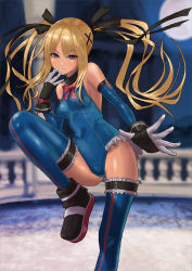 Rule 34 | 1girl, bare shoulders, blonde hair, blue eyes, blue one-piece swimsuit, blue thighhighs, braid, breasts, dead or alive, dead or alive 5, hensou, highres, leg lift, leotard, light smile, long hair, looking at viewer, marie rose, one-piece swimsuit, small breasts, solo, swimsuit, thighhighs, thighs, twintails