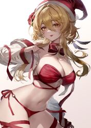 Rule 34 | 1girl, absurdres, alternate costume, bare shoulders, bikini, blonde hair, bow, bowtie, breasts, choker, cleavage, contrapposto, cowboy shot, cropped jacket, genshin impact, hair between eyes, hat, highres, holding, jacket, large breasts, long sleeves, lumine (genshin impact), mmlyno, multi-strapped bikini, navel, o-ring, o-ring bikini, off shoulder, open clothes, open jacket, orange eyes, red bikini, red bow, red bowtie, red choker, red hat, red ribbon, ribbon, santa hat, short hair with long locks, side-tie bikini bottom, simple background, skindentation, smile, solo, stomach, strapless, strapless bikini, string bikini, swimsuit, thigh strap, thighs, tongue, tongue out, underboob, white background, white jacket