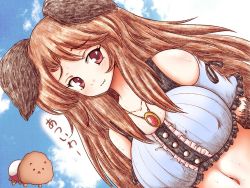 Rule 34 | 1girl, animal ears, bare shoulders, blue sky, breasts, brooch, brown hair, cloud, cloudy sky, day, dutch angle, fur, imaizumi kagerou, jewelry, large breasts, long hair, looking at viewer, navel, necklace, red eyes, sky, smile, sweat, touhou, upper body, wavy mouth, wolf ears, ziogon