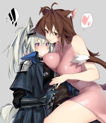 Rule 34 | !, !!, 2girls, animal ear fluff, animal ears, antenna hair, arknights, blush, breast press, breasts, brown eyes, brown hair, cat ears, cat tail, closed mouth, deathalice, doctor (arknights), female doctor (arknights), grani (arknights), grey background, hair between eyes, heart, highres, huge breasts, long hair, looking at another, multiple girls, open mouth, ponytail, purple eyes, silver hair, simple background, smile, spoken exclamation mark, spoken heart, tail, yuri