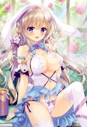 Rule 34 | 1girl, absurdres, ameto yuki, armband, blue bow, blue skirt, bow, bow panties, braid, breasts, cameltoe, cleavage, crotch seam, curtains, flower, frilled armband, frilled shirt, frills, gift, hair ribbon, highres, knee up, large breasts, light brown hair, looking at viewer, miniskirt, navel, open mouth, original, panties, pleated skirt, purple eyes, red flower, red rose, ribbon, rose, shirt, side-tie panties, sitting, skirt, sleeveless, sleeveless shirt, smile, solo, string panties, sunlight, thighhighs, underwear, white panties, white ribbon, white shirt, white thighhighs, window