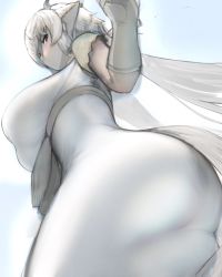 Rule 34 | 1girl, animal ears, ass, blush, breasts, brown eyes, closed mouth, dress, from behind, from below, gloves, grey horns, hair over one eye, hand up, highres, horns, huge breasts, kemono friends, kemono friends 3, long hair, looking at viewer, looking back, looking down, ox ears, ox girl, ox horns, shibori kasu, shirt, short sleeves, sketch, solo, tail, twintails, twisted torso, very long hair, white dress, white hair, yak (kemono friends), yellow shirt