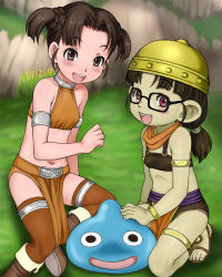 Rule 34 | 2girls, :d, armlet, bad id, bad pixiv id, bare shoulders, blush, boots, bracelet, brown eyes, brown hair, character request, colored skin, creature, dragon quest, dragon quest x, dwarf (dq10), e10, glasses, grass, green skin, hat, jewelry, looking at viewer, multiple girls, navel, open mouth, plant, red eyes, sandals, sitting, slime (dragon quest), smile, square enix, squatting, thighhighs, toes, wariza, yokozuwari