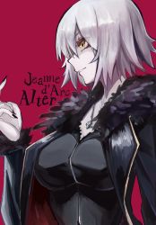 Rule 34 | 1girl, akitsu (davis0527dx), bad id, bad twitter id, black coat, black nails, breasts, coat, colored skin, english text, fate/grand order, fate (series), from side, fur trim, highres, jeanne d&#039;arc (fate), jeanne d&#039;arc alter (fate), jeanne d&#039;arc alter (ver. shinjuku 1999) (fate), jewelry, medium breasts, nail polish, necklace, official alternate costume, red background, short hair, smile, solo, white hair, white skin, wicked dragon witch ver. shinjuku 1999, yellow eyes