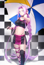 Rule 34 | 1girl, alternate costume, chaldea logo, fate/grand order, fate (series), forehead, long hair, looking at viewer, medusa (fate), midriff, minami koyogi, navel, pink eyes, pink hair, smile, solo, square pupils, stomach, umbrella, very long hair