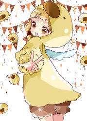 Rule 34 | 1girl, :d, animal, bad id, bad pixiv id, bird, bird costume, bloomers, blush, brown eyes, commentary request, hair bobbles, hair ornament, head tilt, hood, hood up, light brown hair, looking at viewer, looking to the side, open mouth, original, outstretched arm, short eyebrows, smile, solo, standing, thick eyebrows, tsukiyo (skymint), underwear, v, white wings, wings