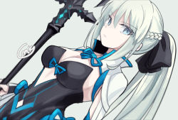 Rule 34 | 1girl, black dress, blue eyes, braid, breasts, cleavage, clothing cutout, commentary request, crown braid, dress, fate/grand order, fate (series), glaring, grey background, holding, holding staff, jacket, long sleeves, medium breasts, mikanmochi, morgan le fay (fate), platinum blonde hair, ponytail, sidelocks, signature, simple background, solo, staff, stomach cutout, upper body, white jacket