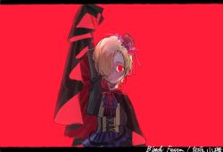 Rule 34 | 1girl, arm up, ascot, blonde hair, character name, cloak, commentary request, hair over one eye, hat, idolmaster, idolmaster cinderella girls, jacket, letterboxed, long sleeves, looking at viewer, mini hat, red background, red eyes, red ribbon, ribbon, shirasaka koume, short hair, simple background, smile, solo, song name, upper body, yagita (astronomie)