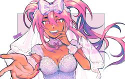 Rule 34 | 1girl, artist name, blush, border, bow, bowtie, breasts, bright pupils, cleavage, commentary, dark-skinned female, dark skin, dress, english commentary, fangs, fingernails, foreshortening, hair bow, hand on own cheek, hand on own face, hand up, heart, heart-shaped pupils, highres, index finger raised, lace, lace-trimmed dress, lace-trimmed sleeves, lace-trimmed veil, lace-trimmed wrist cuffs, lace trim, long hair, looking at viewer, medium breasts, nail polish, official alternate costume, omori, open mouth, outside border, pink background, pink bow, pink bowtie, pink eyes, pink hair, pink nails, reaching, reaching towards viewer, remi (mozzaremi), sharp fingernails, short sleeves, simple background, smile, sweetheart (omori), symbol-shaped pupils, teeth, tongue, twintails, upper body, very long hair, wedding dress, white border, white bow, white dress, white pupils, white veil, white wrist cuffs, wrist cuffs