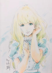 Rule 34 | 1girl, adjusting hair, aqua eyes, blonde hair, blue dress, carole &amp; tuesday, color ink (medium), commentary, dated, dress, freckles, highres, lipstick, makeup, nii manabu, puffy short sleeves, puffy sleeves, short sleeves, smile, solo, tuesday simmons, upper body