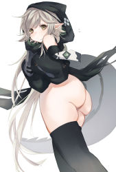 Rule 34 | 1girl, absurdres, alternate hair length, alternate hairstyle, arknights, ass, black shirt, black thighhighs, bottomless, chunta, crocodilian tail, feet out of frame, flying sweatdrops, from behind, grey hair, hands up, highres, hood, hood up, hooded shirt, long hair, long sleeves, looking at viewer, pointy ears, shirt, solo, tail, thighhighs, thighs, tomimi (arknights), yellow eyes