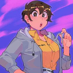 Rule 34 | 1girl, absurdres, breasts, brown eyes, brown hair, collared shirt, commentary, diforland, grey hoodie, hand on own hip, highres, hood, hoodie, large breasts, open mouth, original, purple background, riko ahry, shirt, short hair, solo, upper body, yellow shirt