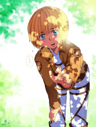 Rule 34 | 10s, 1boy, 2013, absurdres, armin arlert, blonde hair, blue eyes, child, dated, highres, jacket, male focus, moxue qianxi, open mouth, outdoors, outstretched hand, pants, shadow, shingeki no kyojin, shirt, solo, standing, translation request, uniform