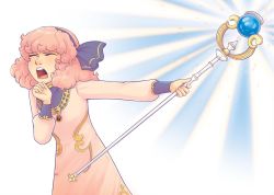 Rule 34 | 1girl, bow, courtneygodbey, curly hair, dress, closed eyes, fire emblem, fire emblem echoes: shadows of valentia, genny (fire emblem), hair bow, jewelry, light rays, long sleeves, necklace, nintendo, pink dress, pink hair, shouting, staff