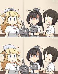 Rule 34 | !, 3girls, ^^^, ahoge, akizuki (kancolle), alternate costume, black hair, blonde hair, blue eyes, breast conscious, breast press, breasts, brown eyes, brown hair, casual, chou-10cm-hou-chan, clothes writing, commentary request, dated, double bun, fletcher (kancolle), hair ornament, hamu koutarou, headband, highres, kantai collection, large breasts, looking at another, looking down, miyuki (kancolle), motion lines, multiple girls, one-hour drawing challenge, ponytail, shaded face, shirt, short hair, signature, small breasts, spoken exclamation mark, standing, translation request, turtleneck, upper body, white headwear, white shirt