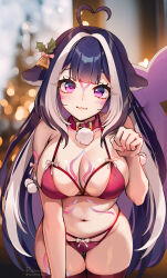 Rule 34 | 1girl, ahoge, bare shoulders, blush, body markings, bra, breasts, chest tattoo, cleavage, collar, collarbone, foxyreine, heart, heart ahoge, highres, indie virtual youtuber, large breasts, long hair, looking at viewer, multicolored hair, navel, orca girl, panties, purple eyes, purple hair, red bra, red panties, shylily, smile, solo, streaked hair, tattoo, thighhighs, thighs, underwear, virtual youtuber, white hair