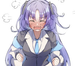 Rule 34 | 1girl, puff of air, angry, black jacket, blue archive, blue necktie, blush, clenched hands, closed eyes, coat, collared shirt, facing viewer, full-face blush, jacket, long hair, nano (blueoekaki), necktie, off shoulder, open mouth, parted bangs, purple hair, school uniform, shirt, simple background, solo, two side up, wavy mouth, white background, white coat, white shirt, yuuka (blue archive)