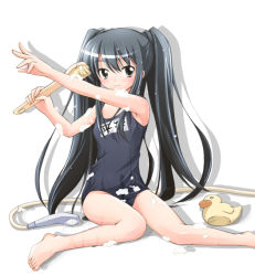 Rule 34 | 1girl, barefoot, black hair, brush, female focus, long hair, looking at viewer, manami tatsuya, name tag, one-piece swimsuit, rubber duck, school swimsuit, shakugan no shana, shana, shower head, simple background, sitting, soap, soap bubbles, solo, swimsuit, twintails, washing, wet, white background