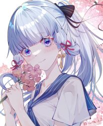 Rule 34 | 1girl, absurdres, ayaka (genshin impact), black bow, blue eyes, blue hair, blue neckerchief, blue sailor collar, blunt bangs, blush, bow, cherry blossoms, earrings, flower, genshin impact, hair ribbon, highres, holding, holding flower, jewelry, long hair, looking at viewer, luobotou cuncun zhang, neckerchief, ponytail, red ribbon, ribbon, sailor collar, shirt, short hair, signature, solo, white background, white shirt