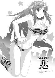 Rule 34 | 1girl, animal print, artist name, asuka keisuke, bikini, blush, body blush, boots, breasts, building, cleavage, fang, full body, hand on own chest, horns, large breasts, long hair, looking at viewer, lum, monochrome, navel, pointy ears, print bikini, silhouette, smile, solo, star (symbol), striped, swimsuit, text focus, tiger print, translation request, twitter username, urusei yatsura