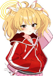 Rule 34 | 1girl, absurdres, ahoge, bazz000033, blonde hair, blue archive, blush, bow, bowtie, brown eyes, carrying bag, closed mouth, commentary, frown, hair bow, halo, hand in pocket, highres, hood, hood down, hooded jacket, jacket, long sleeves, looking at viewer, multicolored clothes, multicolored jacket, pink bag, pink skirt, pleated skirt, puffy long sleeves, puffy sleeves, red bow, red bowtie, red jacket, school uniform, simple background, skirt, stuffed animal, stuffed rabbit, stuffed toy, twintails, upper body, v-shaped eyebrows, white background, white bow, yoshimi (blue archive)