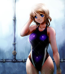 Rule 34 | 10s, 1girl, asada okina, blue eyes, blue one-piece swimsuit, brown hair, competition swimsuit, cowboy shot, gluteal fold, highleg, highleg swimsuit, looking at viewer, love live!, love live! sunshine!!, one-piece swimsuit, industrial pipe, short hair, smile, solo, sparkle, standing, swimsuit, watanabe you