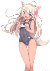 Rule 34 | 10s, 1girl, ahoge, animal ears, blue eyes, covered navel, dog ears, dog tail, flower, gujianshaonu, hair flower, hair ornament, kantai collection, kemonomimi mode, long hair, ro-500 (kancolle), school uniform, simple background, solo, swimsuit, swimsuit under clothes, tail, tan, white background, white hair