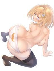 Rule 34 | 1girl, absurdres, all fours, ass, back-print panties, backboob, bad id, bad twitter id, blonde hair, blue eyes, blush, breasts, butt crack, hair ornament, highres, hololive, hololive english, honkivampy, huge ass, large breasts, looking at viewer, no bra, panties, print panties, short hair, sideboob, solo, thighhighs, thighs, topless, underwear, underwear only, virtual youtuber, watson amelia, white background, white panties