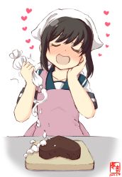 Rule 34 | 1girl, apron, artist logo, bandana, black hair, blue sailor collar, chocolate, commentary request, dated, closed eyes, fubuki (kancolle), hand on own face, heart, highres, icing, kanon (kurogane knights), kantai collection, low ponytail, pastry bag, pink apron, ponytail, sailor collar, school uniform, serafuku, short ponytail, sidelocks, simple background, solo, suggestive fluid, table, upper body, white background