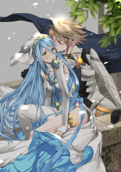 Rule 34 | 1boy, 1girl, anklet, armor, artist name, azura (fire emblem), black gloves, blue cape, blue hair, blush, breasts, cape, closed eyes, closed mouth, commentary request, corrin (fire emblem), corrin (male) (fire emblem), dated, detached collar, detached sleeves, dress, elbow gloves, fingerless gloves, fire emblem, fire emblem fates, floating hair, gloves, grey hair, hair between eyes, hetero, jewelry, kero sweet, leaf, long hair, looking at another, medium breasts, nintendo, pantyhose, pendant, petals, pointy ears, short hair, single leg pantyhose, sitting, smile, veil, very long hair, white dress, white gloves, white pantyhose, white sleeves, yellow eyes
