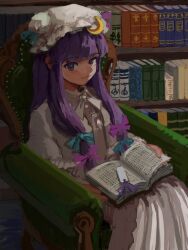 Rule 34 | 1girl, armchair, b nosk101, book, bookmark, bookshelf, chair, closed mouth, crescent, crescent hat ornament, dress, feet out of frame, hat, hat ornament, highres, indoors, long hair, long sleeves, looking at viewer, mob cap, open book, patchouli knowledge, purple eyes, purple hair, sitting, smile, solo, touhou, white dress, white hat