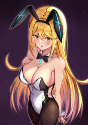 Rule 34 | 1girl, absurdres, alternate costume, animal ears, backon, black bow, black bowtie, black pantyhose, blonde hair, blush, bow, bowtie, breasts, chest jewel, cleavage, commentary, covered navel, dark background, detached collar, fake animal ears, fake tail, hair between eyes, hand on own chest, highleg, highleg leotard, highres, large breasts, leotard, long hair, looking at viewer, mythra (xenoblade), open mouth, pantyhose, playboy bunny, rabbit ears, rabbit tail, solo, strapless, strapless leotard, swept bangs, tail, traditional bowtie, two-tone leotard, white wrist cuffs, wrist cuffs, xenoblade chronicles (series), xenoblade chronicles 2, yellow eyes, yellow nails