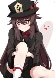 Rule 34 | 1girl, black headwear, black jacket, black shorts, brown hair, closed mouth, commentary request, day mello, genshin impact, highres, hu tao (genshin impact), jacket, long hair, long sleeves, looking at viewer, short shorts, shorts, sitting, sketch, smile, solo, symbol-shaped pupils, very long hair