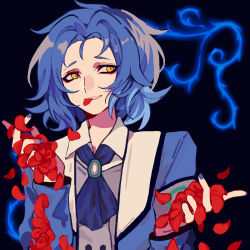 Rule 34 | 1boy, armband, ascot, blue ascot, blue hair, blue jacket, blue nails, brooch, chesed (project moon), collared shirt, commentary request, er hea, grey vest, grin, highres, jacket, jewelry, lobotomy corporation, long sleeves, male focus, open clothes, open jacket, petals, project moon, rose petals, shirt, short hair, smile, solo, upper body, vest, white shirt, yellow eyes