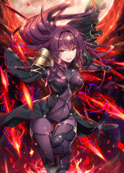 Rule 34 | 1girl, armor, bodysuit, breasts, covered navel, fate/grand order, fate (series), gabiran, gae bolg (fate), greaves, hair intakes, holding, holding weapon, large breasts, long hair, looking at viewer, open mouth, pauldrons, polearm, purple bodysuit, purple hair, red eyes, scathach (fate), shoulder armor, skin tight, smile, solo, spear, veil, very long hair, weapon